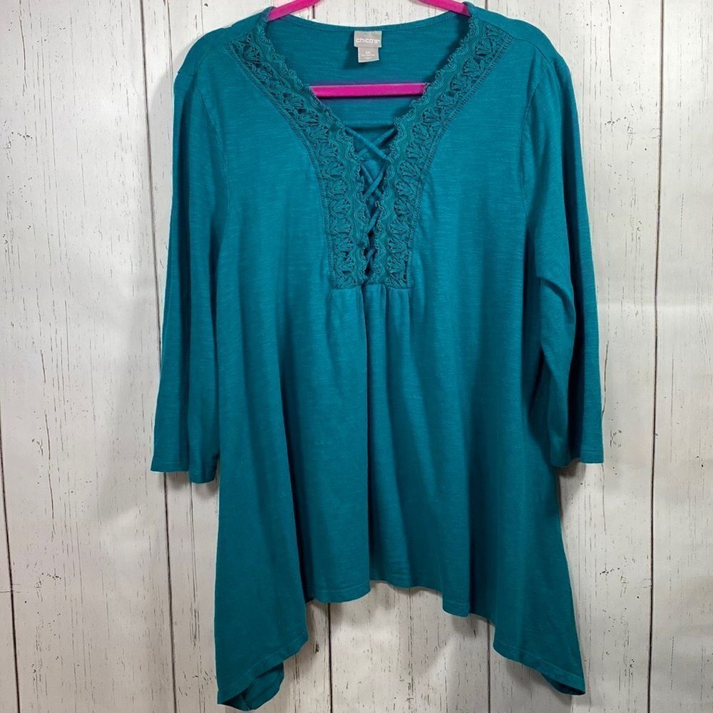 Chicos Teal Boho Lace Up Tunic Top XL Crochet Festival Flowy Lagenlook